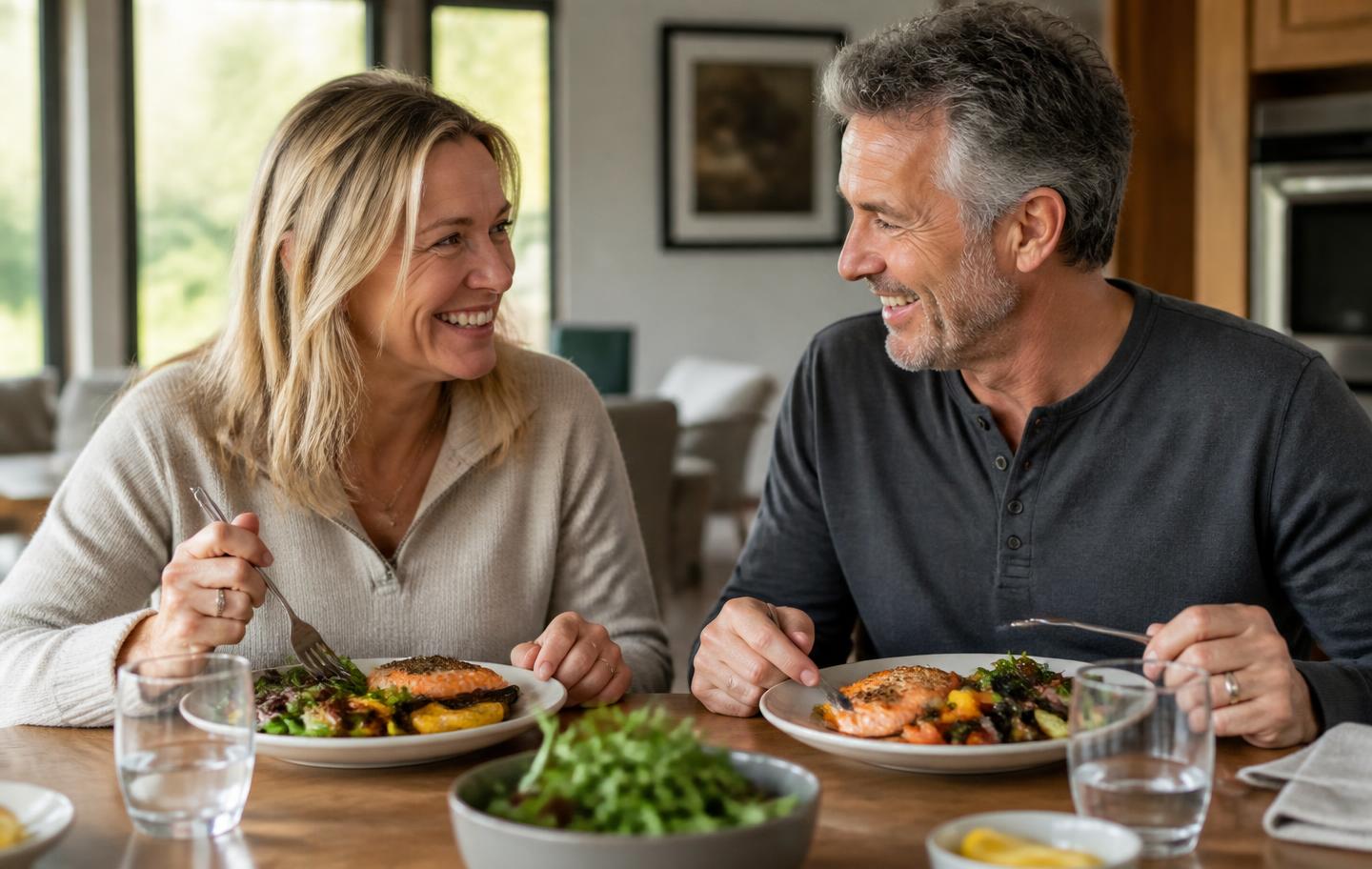 A couple in their late fifties sharing a simple, healthy home-cooked dinner at their kitchen table
