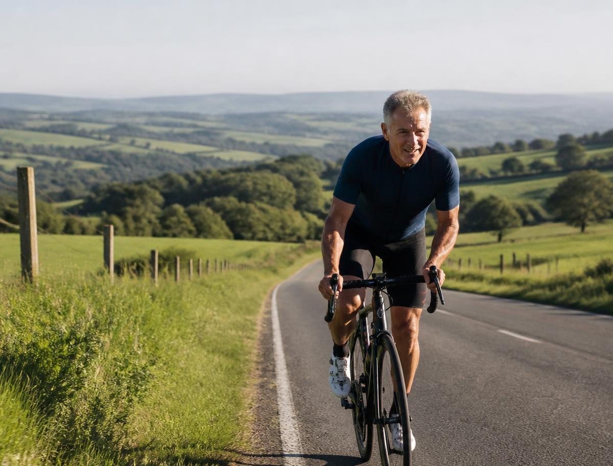 A man in his early sixties cycling on a quiet country road in morning light